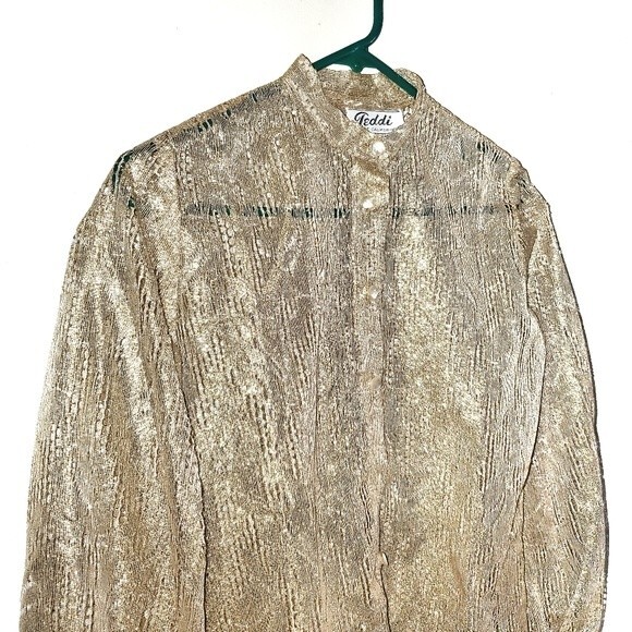 Vintage Gold Metallic & Nylon Deco Button Front Mandarin Collar Semi Sheer Top - Picture 2 of 8